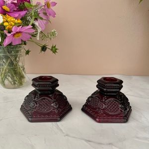 Pair Of Avon Ruby Red Glass 1876 Cape Cod Collection 2.5" Taper Candle Holders